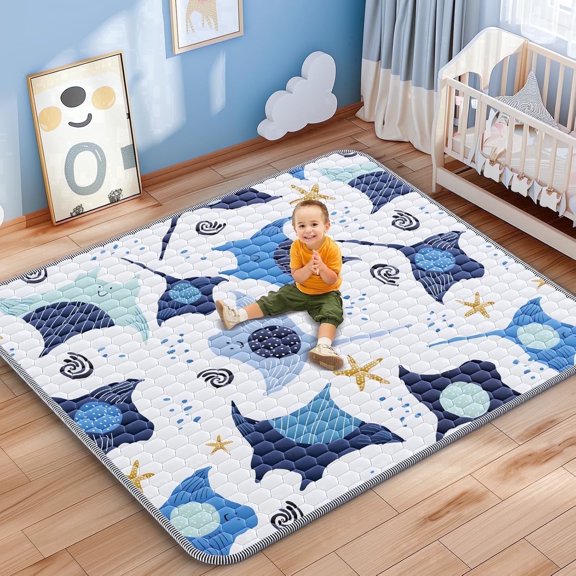Baby Play Mat 71"x59", Non-slip Playmat Cushioned for Playpen, Thicker & Large Crawling Mats for Babies & Toddlers, Blue