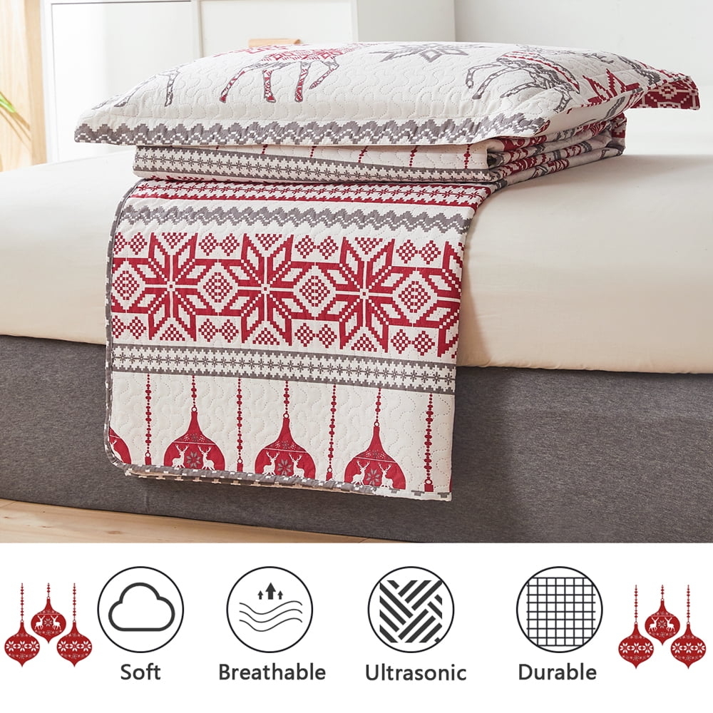 Green Essen Christmas Quilts Twin Size Reindeer Xmas Bedspread Snowflake Bedding Stripe Coverlet Red White Lanterns Christmas Decor