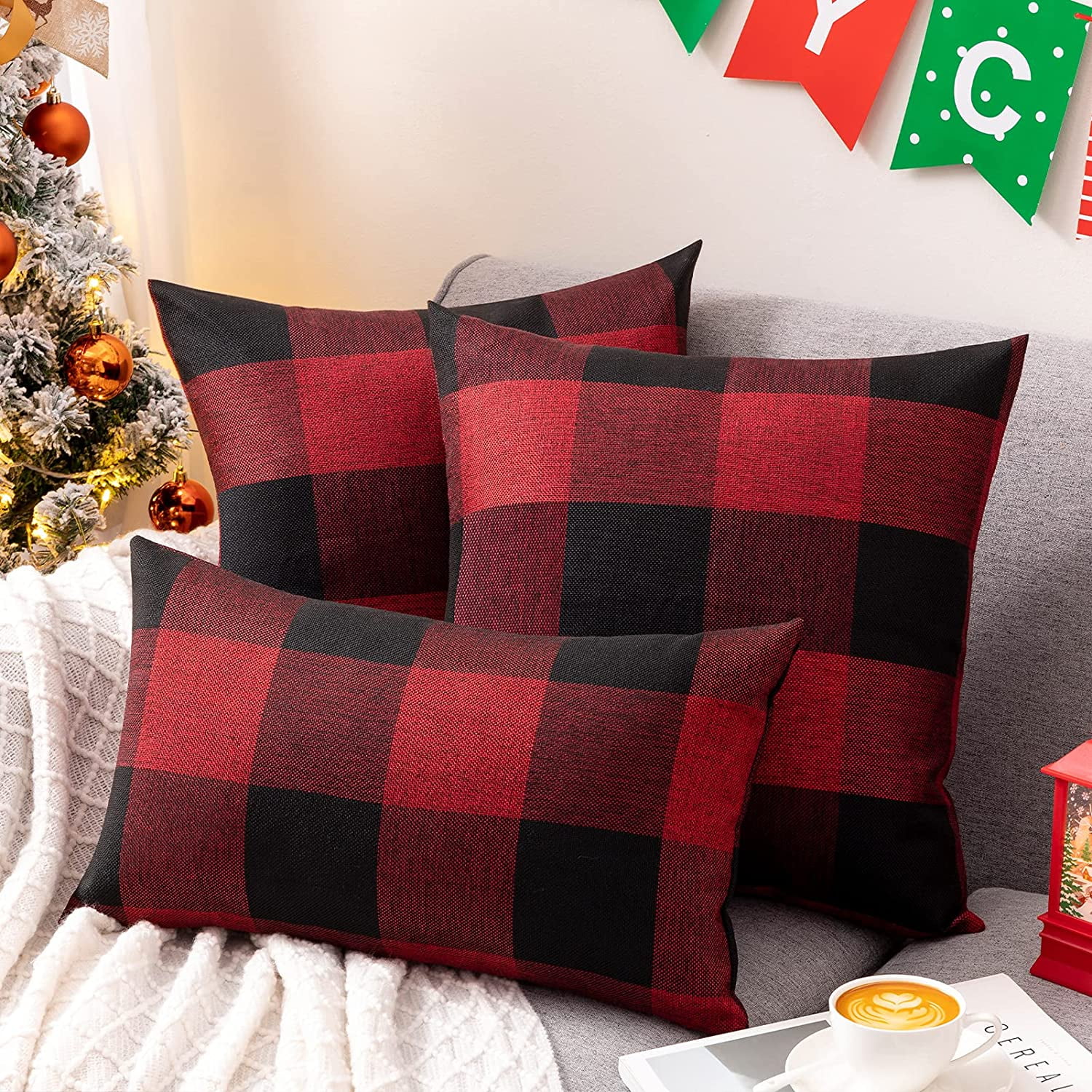 Set of 2 Throw Pillow Covers Buffalo Plaid Linen Throw Pillow Cases Decorative Pillow Covers for Sofa Couch Car Farmhouse Home Decor Red and Black 18 X 18 Walmart