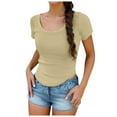 thumbnail image 1 of Women's T Shirts Ladies Short Sleeve Scoop Neck Ribbed Slim Fit Basic T Shirt Oversized Tshirts Khaki L, 1 of 4