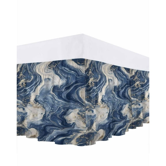 Impressionist Style Bed Skirt Gray Blue Swirling Line Bed Skirts Queen Size 16 Inch Drop, Wrap Around Dust Ruffle Bedskirt with Adjustable Elastic Belt for Queen Size Beds