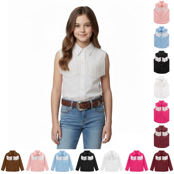 Girls Western Shirt Sleeveless Button down Fringe Shirt White Cowgirl Shirt Cowgirl Outfits for Girls Size 5-14 Years