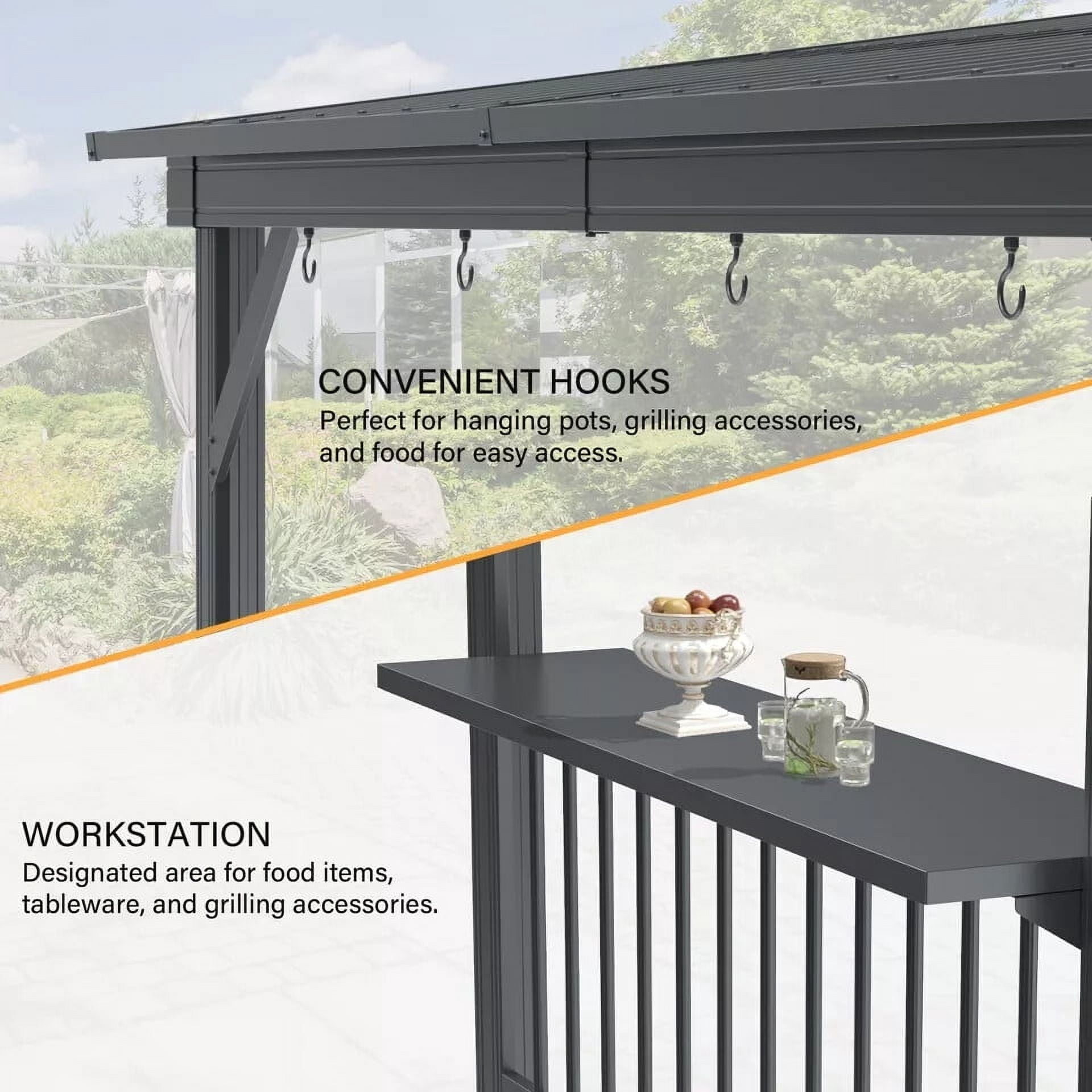 TOTAL 6.5x12FT Hardtop Grill Gazebo, Outdoor BBQ Shelter with 2 Side Shelves, Sloping Steel Roof, Permanent Sun Shade & Ceiling Hooks for Patio, Deck, Yard, Garden (Gray)