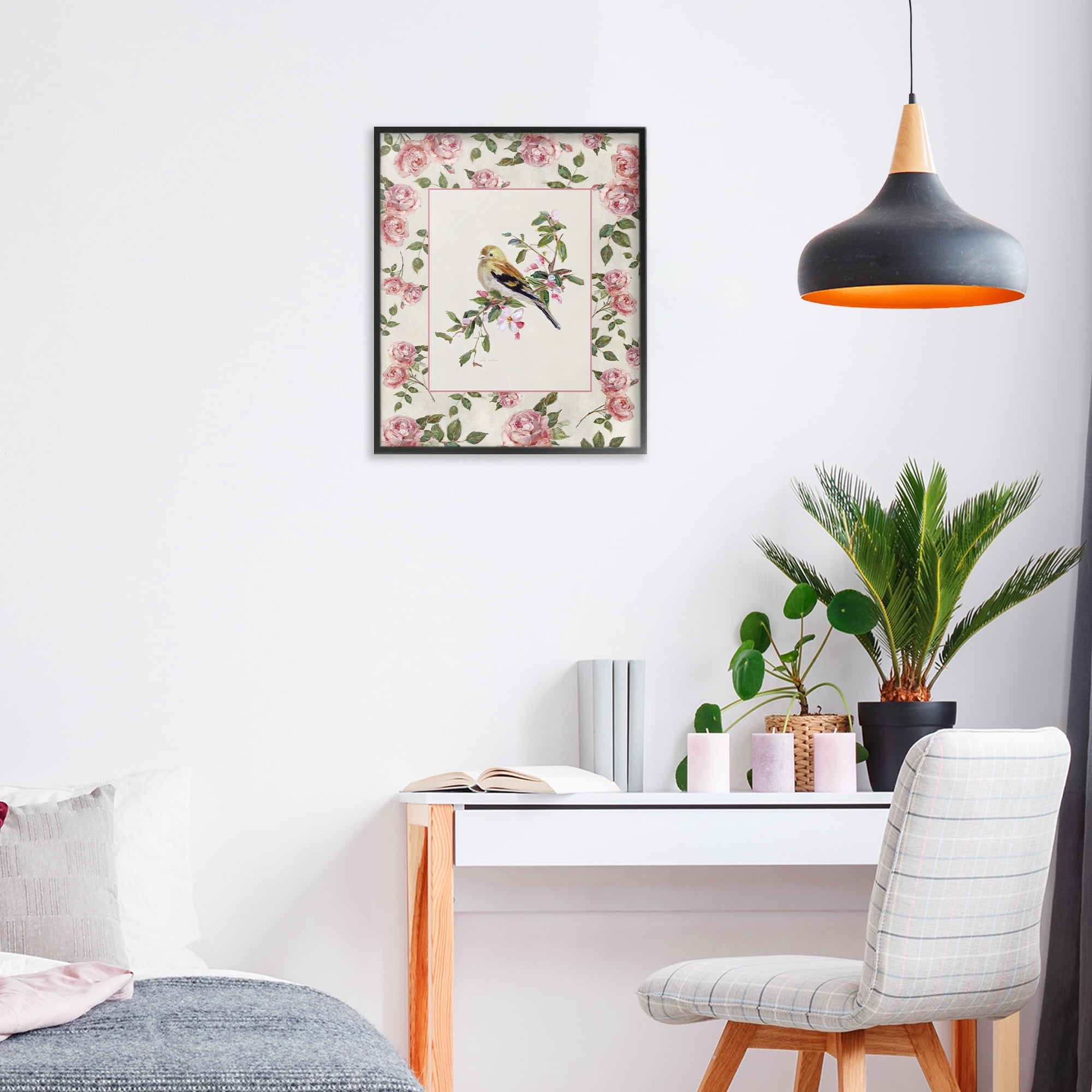 Stupell Industries Perched Bird with Dainty Roses Black Framed Giclee Art, design by Sally Swatland