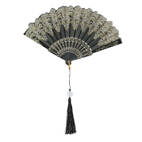 Unique Bargains 1 Pc Lucky Cloud Pattern Folding Fan for Masquerade Black Silk Fabric