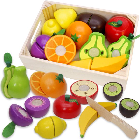 Juego de comida Airlab para cortar frutas, madera, con cuchillo y caja