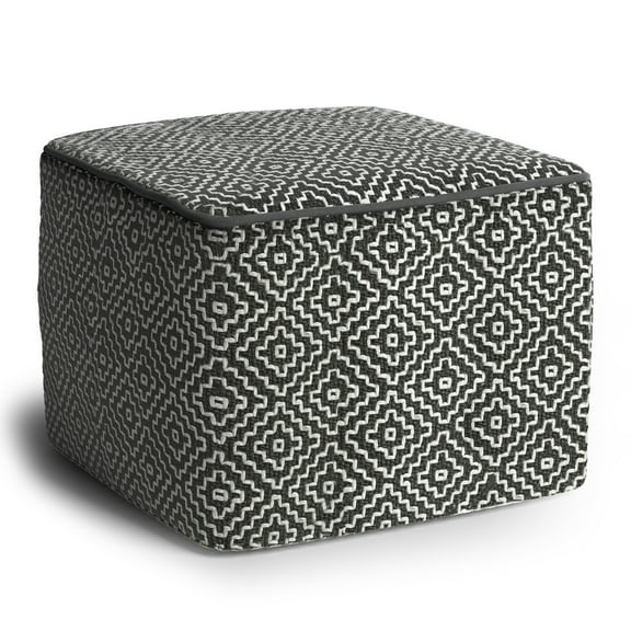 Simpli Home Briella Boho Square Woven Pouf in Gray and White