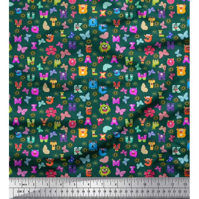 Soimoi Green Polyester Crepe Fabric Insect,Sun & Cartoon Alphabets Text Decor Fabric Printed BTY 42 Inch Wide