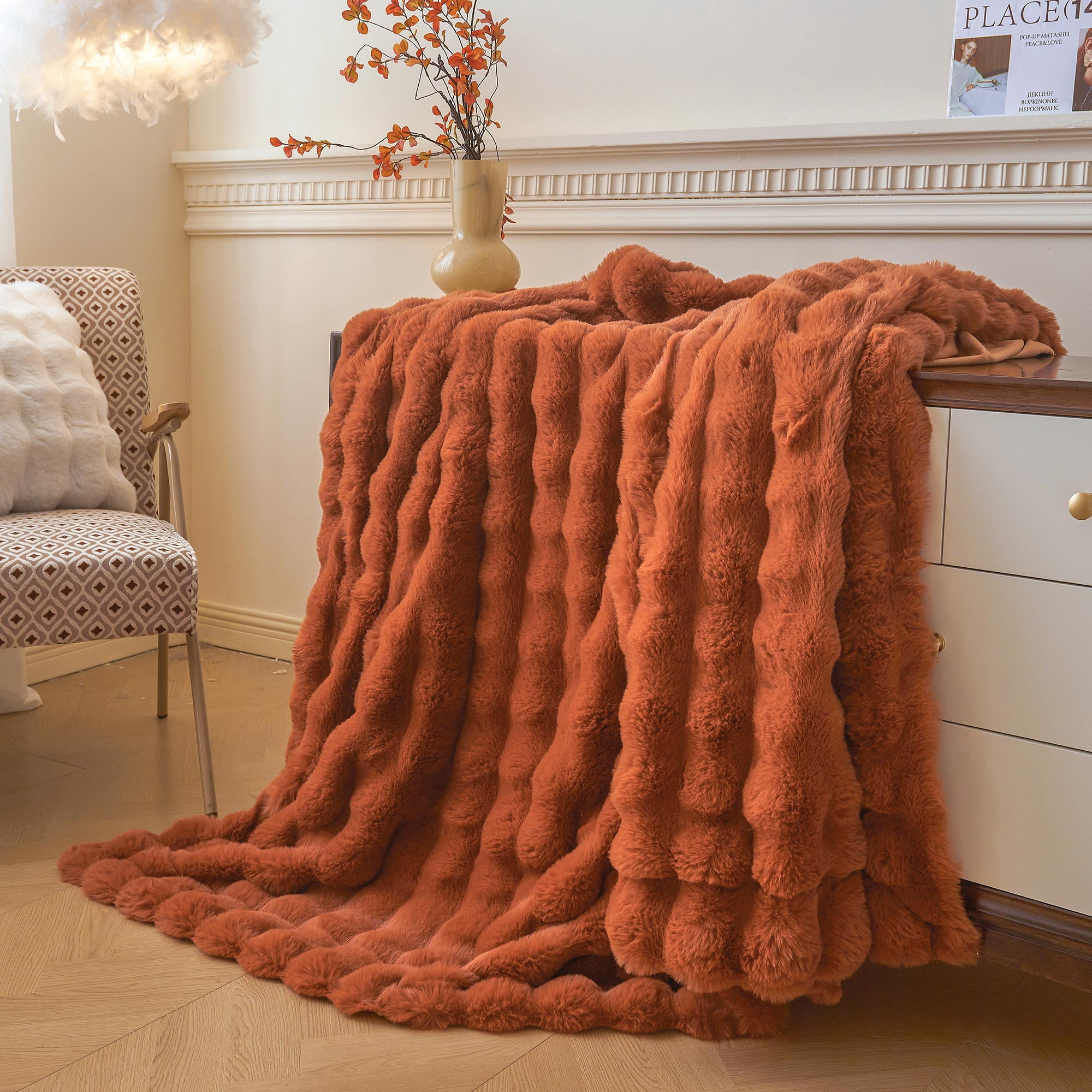 LIFEREVO Fluffy Faux Rabbit Fur Bubble Blanket, Plush Shaggy Waffle Throw for Couch Sofa, Cozy Furry Bed Blanket Adults Kids Teens Girls, Fuzzy Throw for Bedroom Living Room, 60x90, Burnt Orange