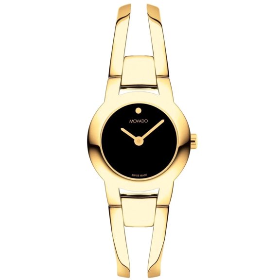Movado Impresa Gold Bangle 0607722 Black Dial Stainless Steel 24mm Women's Watch