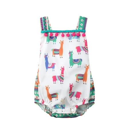 

Qiylii Baby Tessal Romper Cartoon Animals Pattern Sling Back Strap Tie Bodysuit