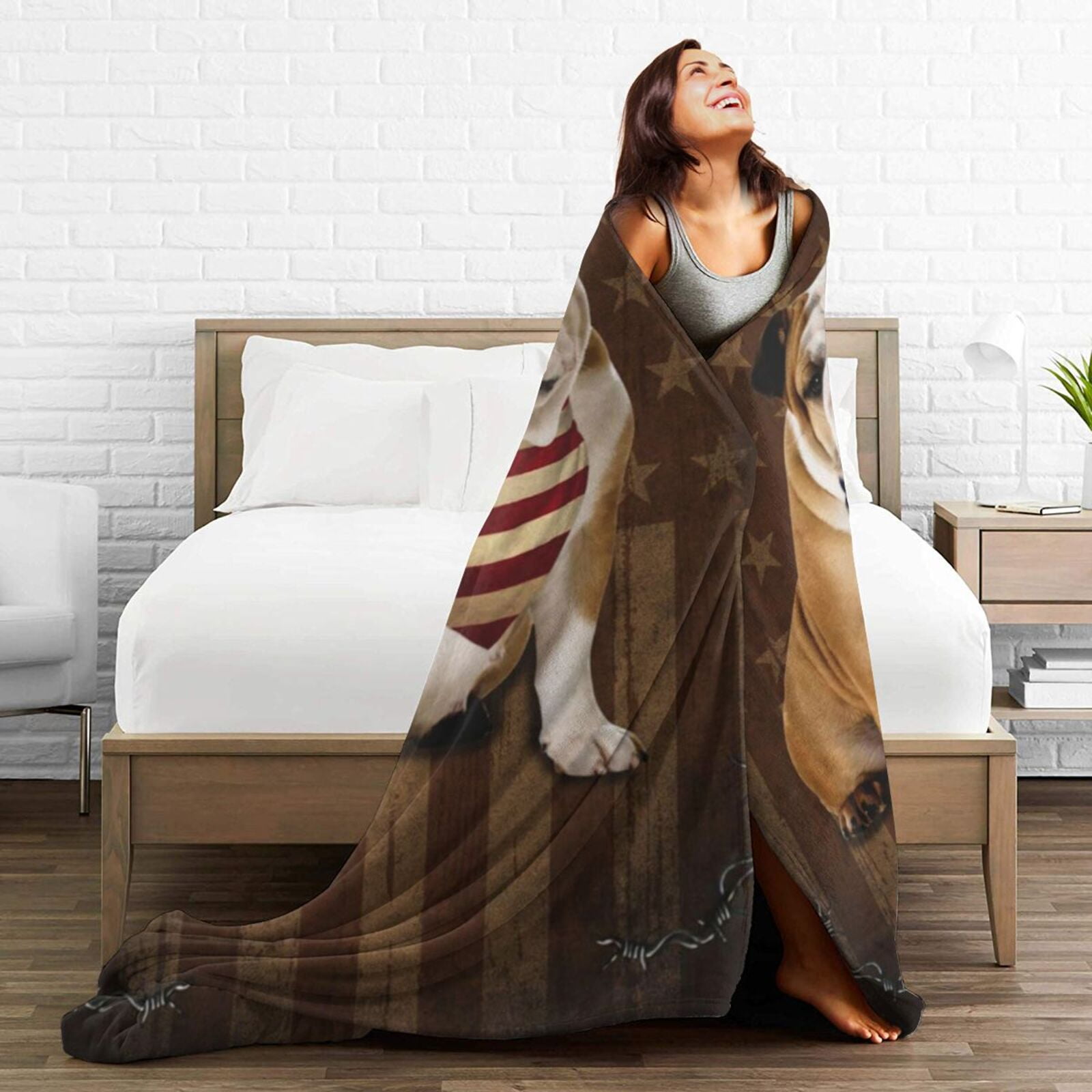 Wijzvio Bulldog Dog With Vintage American Flag Throw Blanket Soft Fuzzy Fleece Blanket For Couch Bed Living Room Decoration 60"X50"