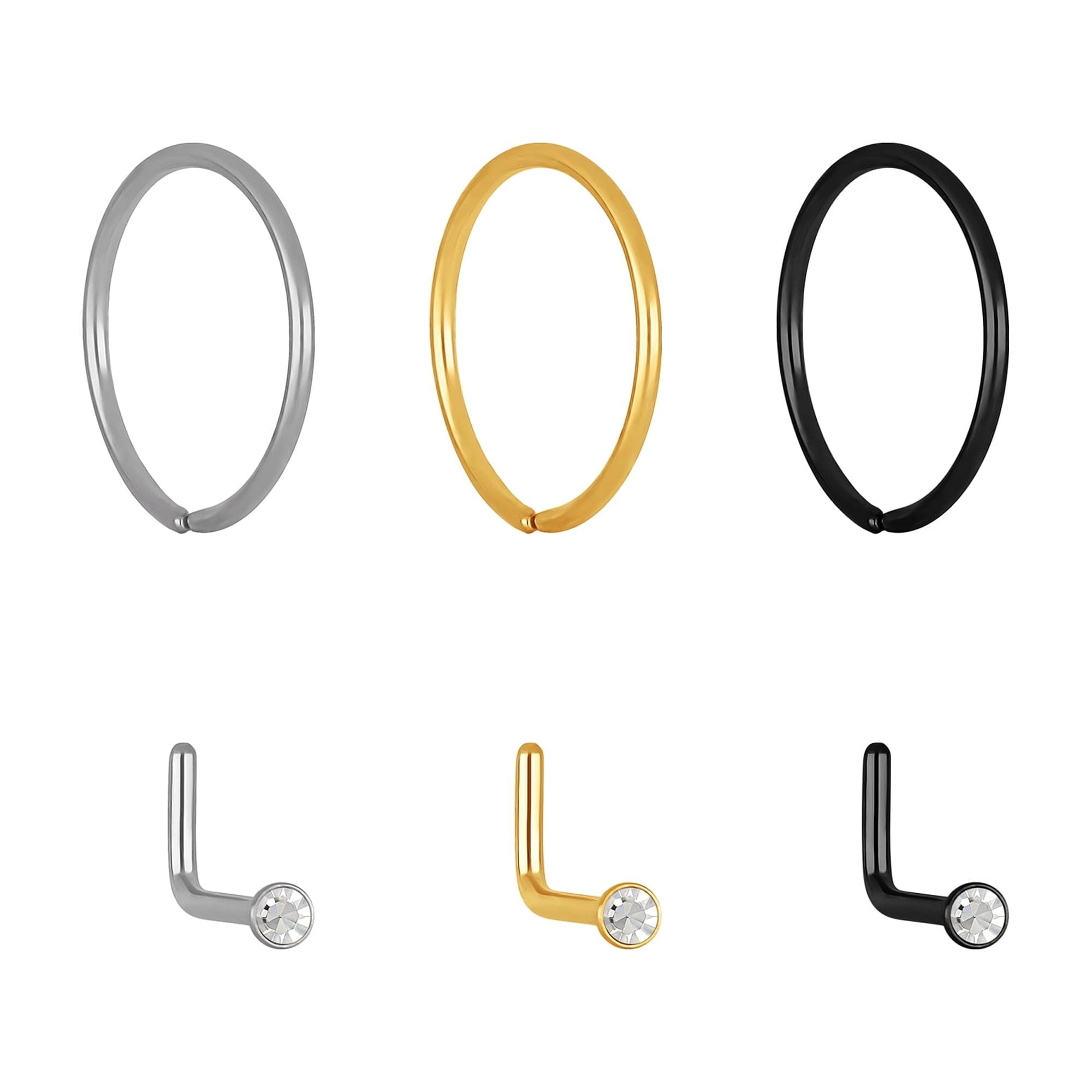 NoBoundaries Women's Silvertone Tri Tone Stud & Hoop Nose Ring Set, Stainless Steel, 6-Piece