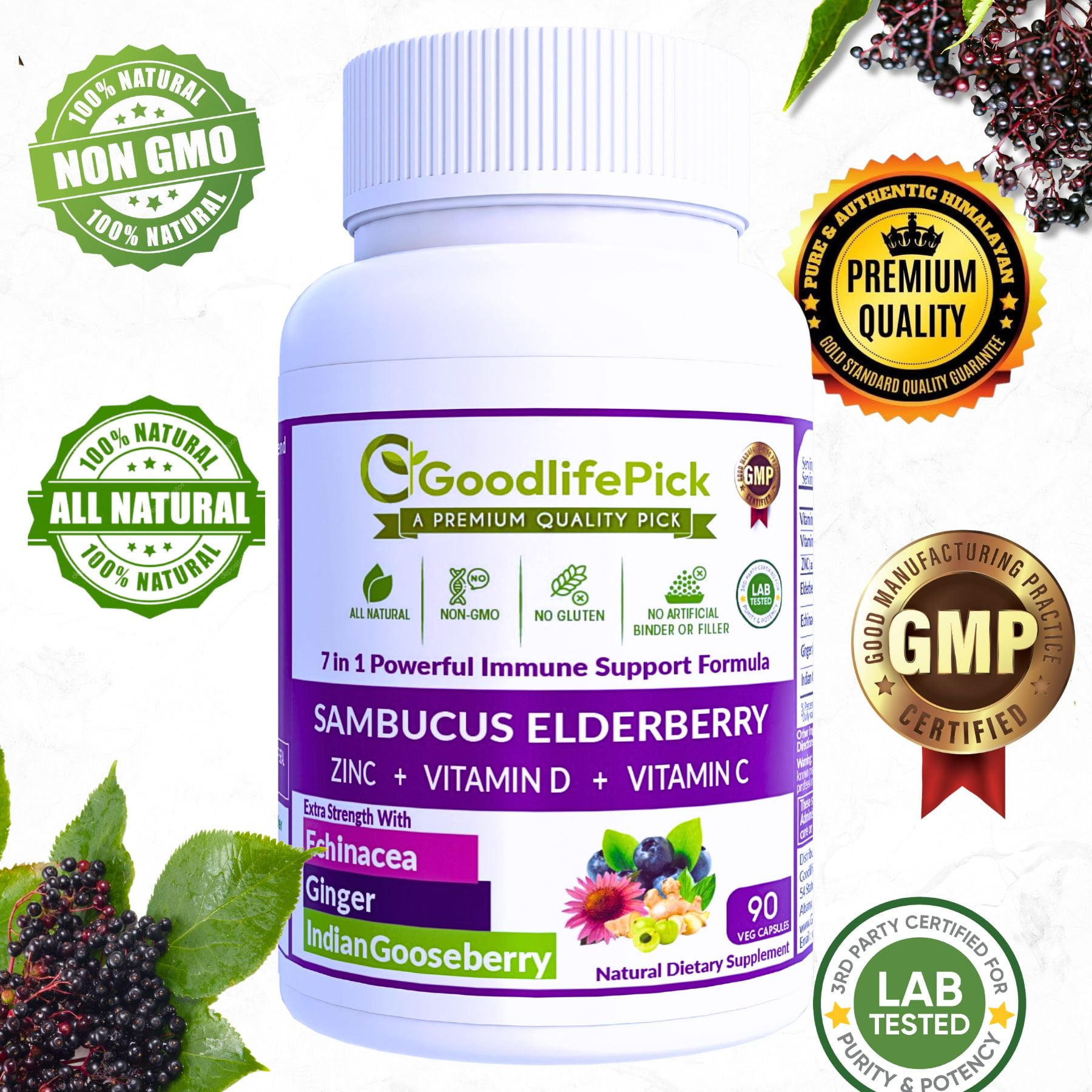 Elderberry Capsules with Zinc, Vitamin C, Vitamin D, Echinacea, Ginger, Amla, Vegan, Non-GMO, 90 Count