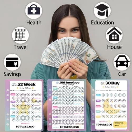 2 Pack 100 Envelopes Money Saving Challenge, Cash Budget Planner A5 Binder, Savings Challenges Book Organizer Folder, with 3 Tracker to Save $5,050 and $2,600, $300, 100 Pre-numbered Pockets, Bla