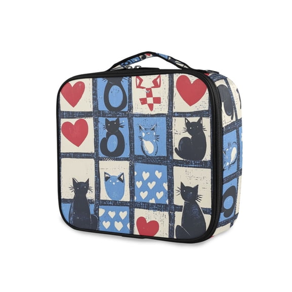 FORMRS Travel Makeup Bag Large Capacity Train Case Cosmetic Organizer with Adjustable Dividers, Black Cats and Hearts