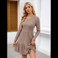 thumbnail image 4 of Vestido Corto Informal de Otoño de Larga para Mujer, de Punto Acanalado, Cuello Redondo, Fluido, Corte A, con Bolsillos Marrón S, 4 of 10
