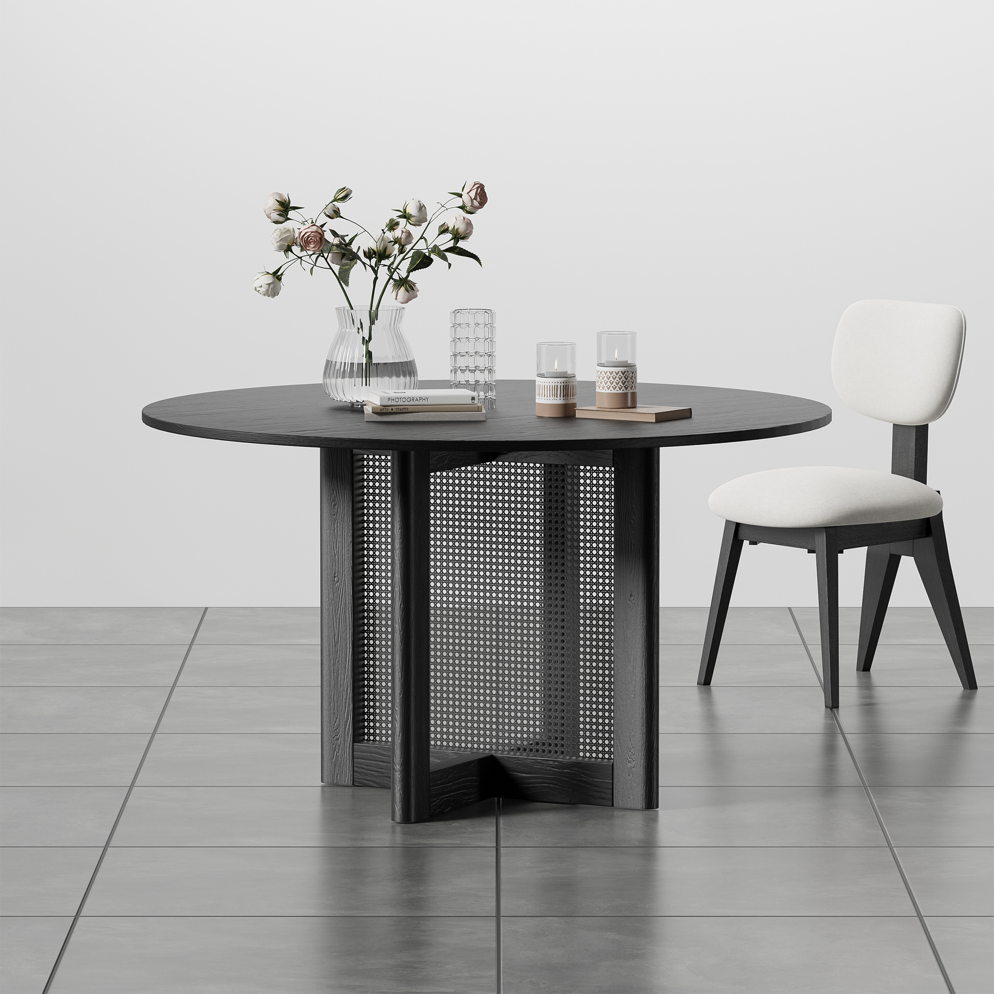 52" Round Dining Table Oak Wood Kitchen Table,Black
