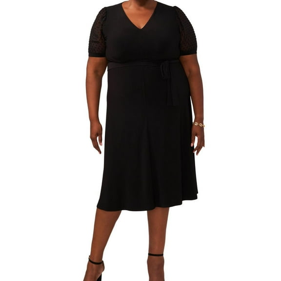 MSK Womens Tie Front Midi Dress, Black, Plus Size, 1X