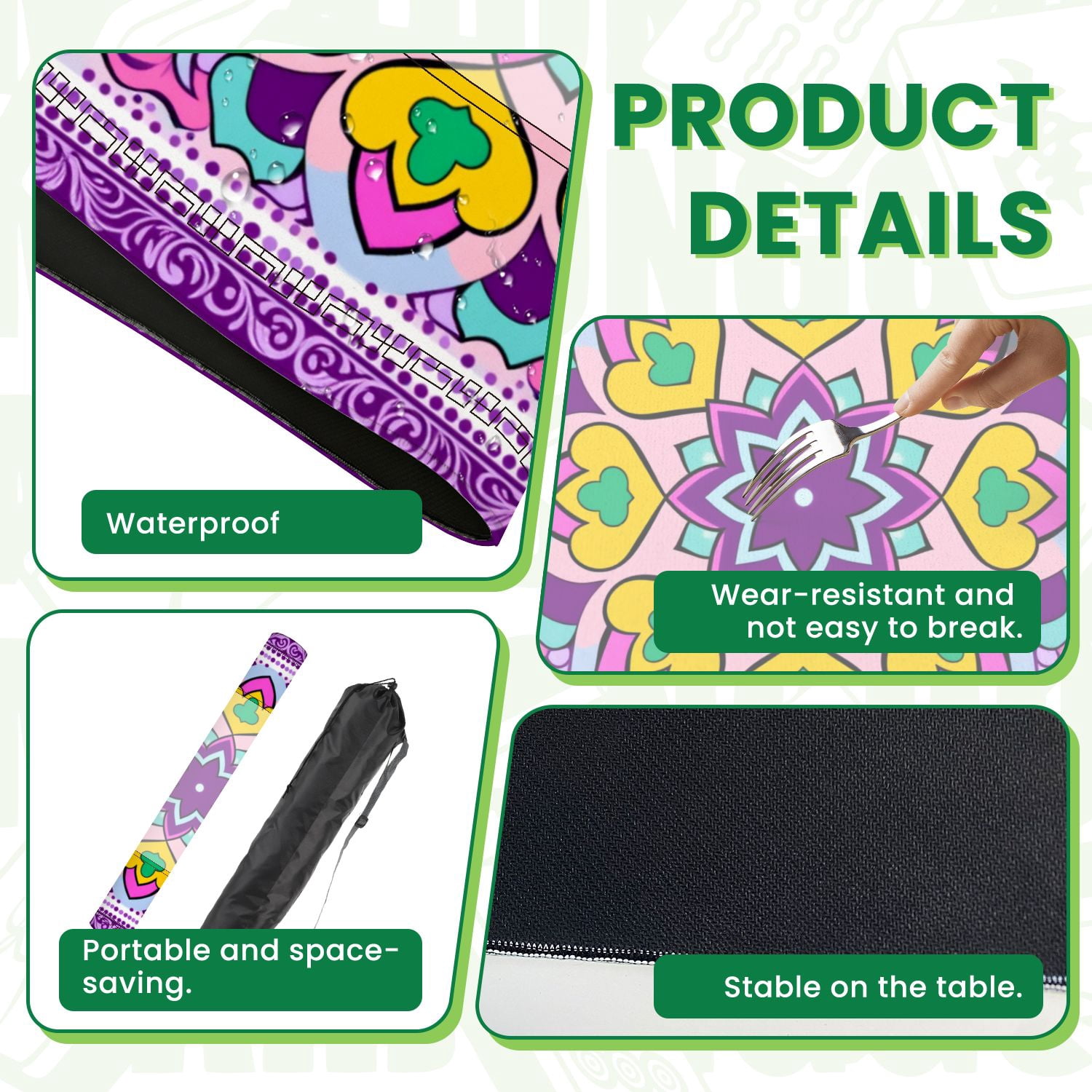 Mahjong Mat 31.5" x 31.5" Colorful Heart Floral Mandala Purple Pink Tones Non-Slip Noise Reduction American Mahjong Tiles Table Cover for Dominoes Poker Card Board Games Gift