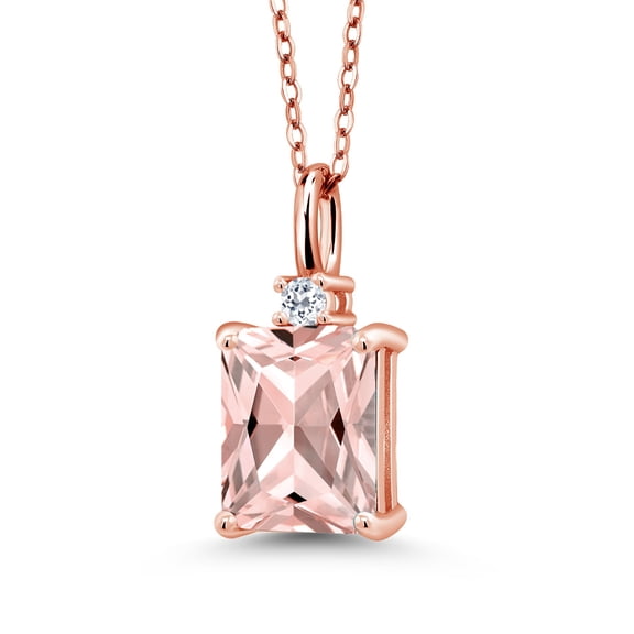Gem Stone King 18K Rose Gold Plated Silver Peach Nano Morganite and White Topaz Pendant Necklace for Women | 2.04 Cttw | Gemstone October Birthstone | Emerald Cut 9X7MM | With 18 inch Silver Chain