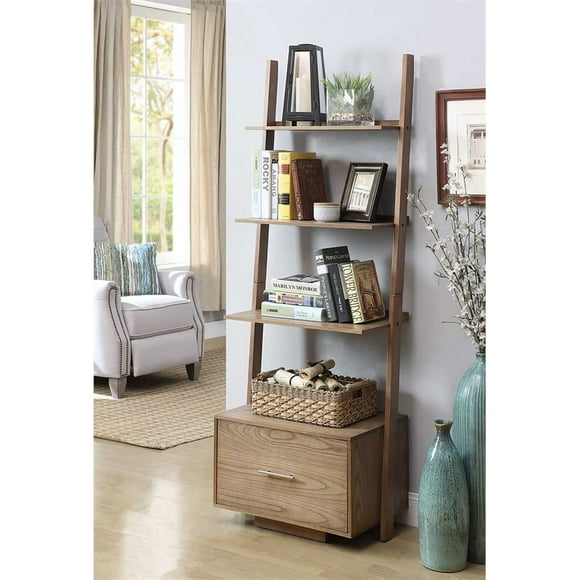 American Heritage Ladder Bookcase with Drawer in Caramel Driftwood Wood Finish