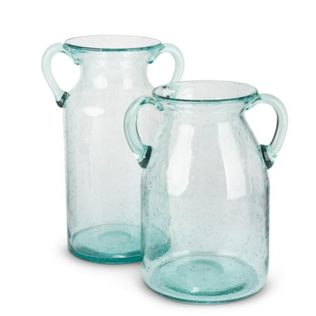 - Set of 2 Aqua Blue Transparent Bubble Glass Milk Jug Styled Vases with Handle 11.4