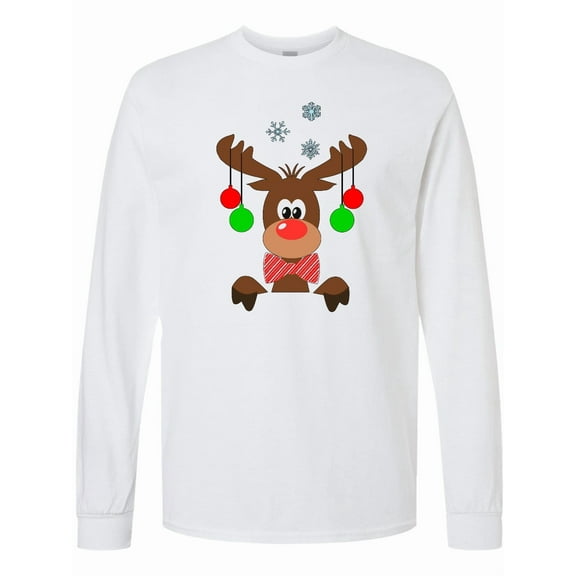 Inktastic Cute Christmas Reindeer with Red Nose, Ornaments and Bow Tie Long Sleeve T-Shirt