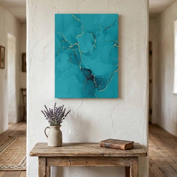 Ships Next Day Canvas Wall Art 16"x20", Turquoise Marble Wood Framed Canvas Print Painting, Minimalist Abstract Golden Fluid Art Ready to Hang Picture Wall Decor for Home Bedroom Living Room Dining