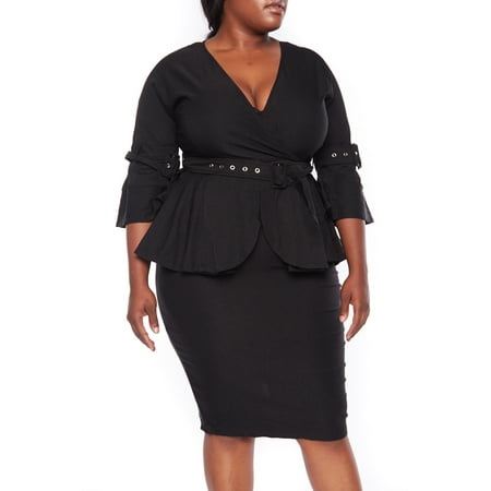 Midi Coated Buckle - Womens Curvy Plus Solid Peplum Belted Buckle 3/4 Sleeves Pleated Midi Dress 534X-XL-Black