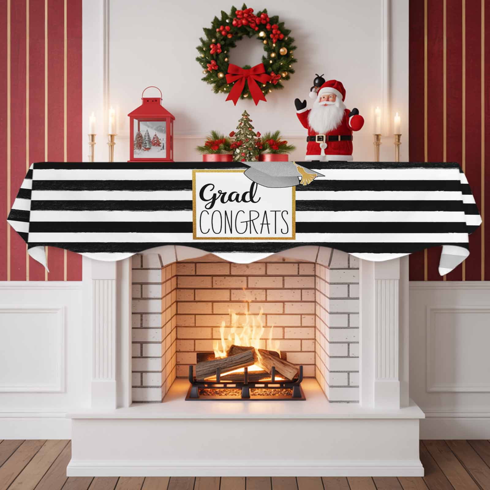 Graduation Trencher Cap Fireplace Mantel Scarf Table Runner, Farmhouse White Black Horizontal Stripes Winter Garland Mantel Top Tablerunners Dresser Scarves Cover Decor for Party Living Room 60"x17"