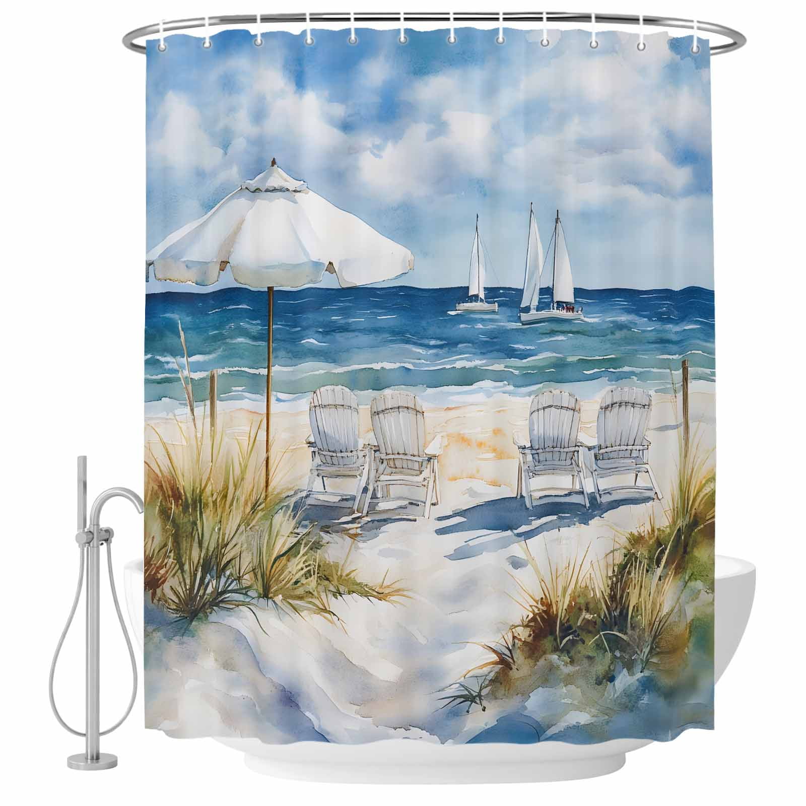 Summer Scenery Shower Curtains for Bathroom, Beach Chair Washable Fabric Shower Curtain with Hooks Waterproof Bathroom Decor Sets, 36 x 72 Inches