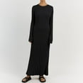 thumbnail image 2 of JUNWELL Robe Chandail Maxi pour Femmes, Décontractée, Col Rond, Manches Longues, Côtelée, Tricotée, Taille à Nouer, Couleur Unie, Simple, Basique, Robe Chandail Longue, Noir G, 2 of 7