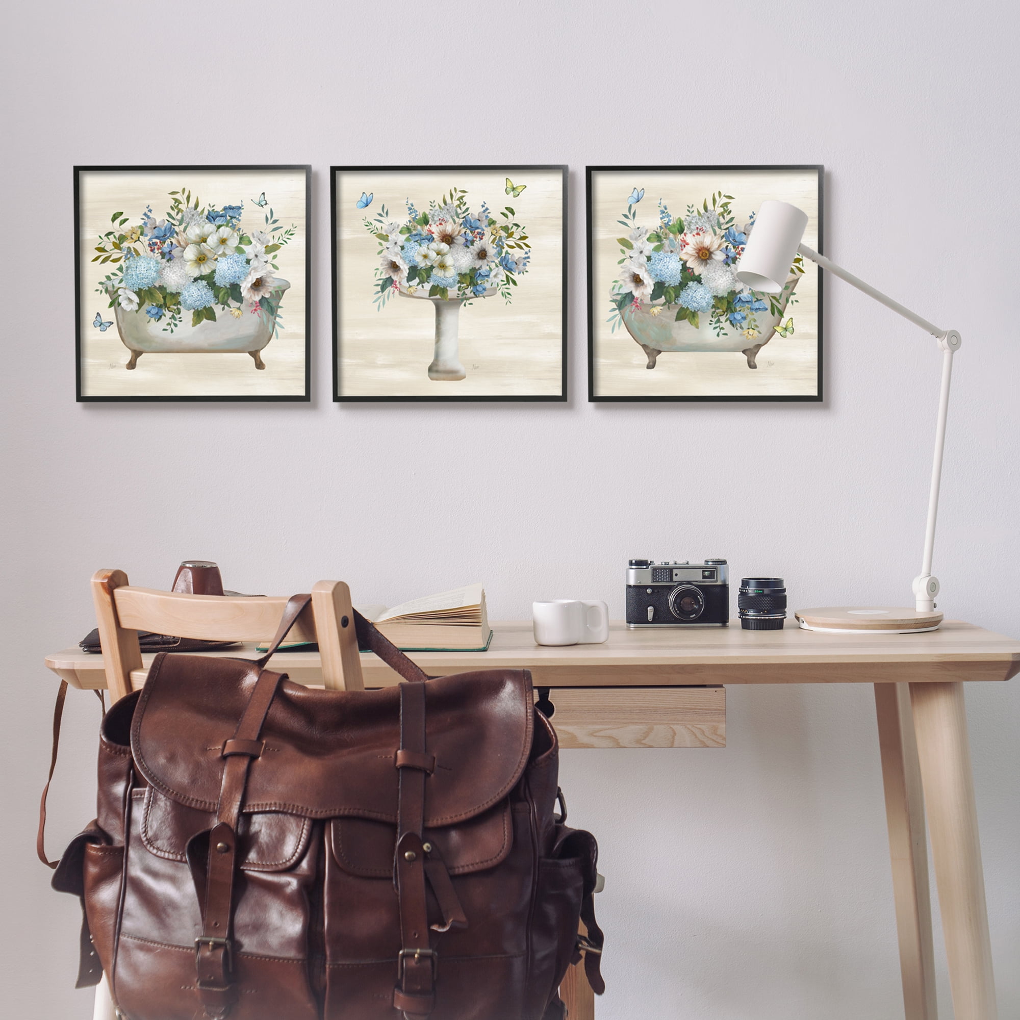 Stupell Industries Country Flower Bathroom Botanical & Floral Painting Black Framed Art Print Wall Art, 17 x 17, Set of 3
