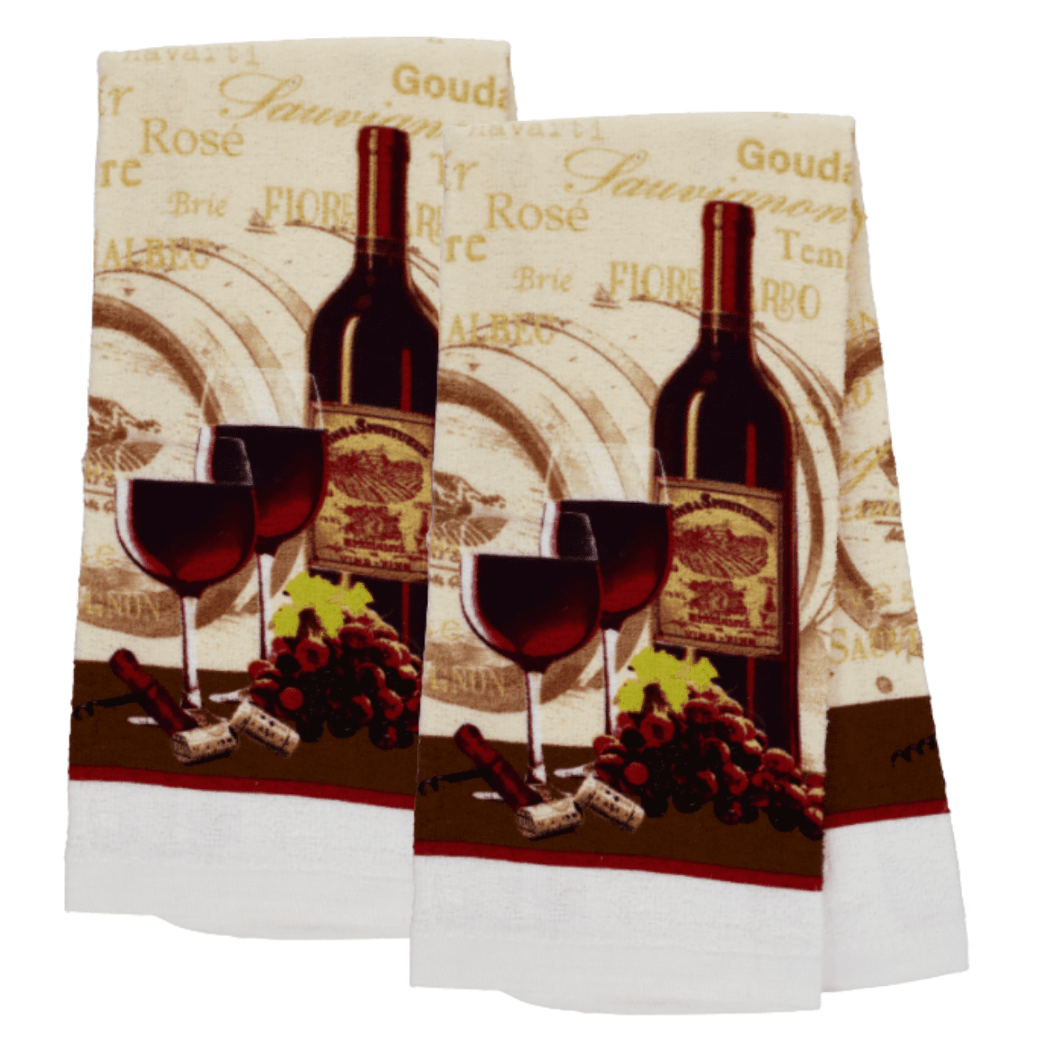 Set of 4 Kitchen Dish Hand Towels 2 Red Windowpane & 2 Wine Cheese Italy Theme 