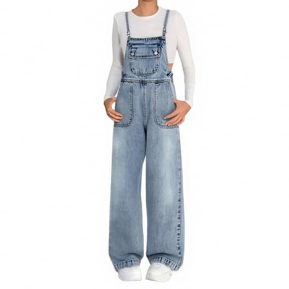 YunPes Girls Denim Overalls Kids Sleeveless Wide Leg Jumpsuit Bib Overall with Heart Graphic Pockets Trendy Streetwear Jeans