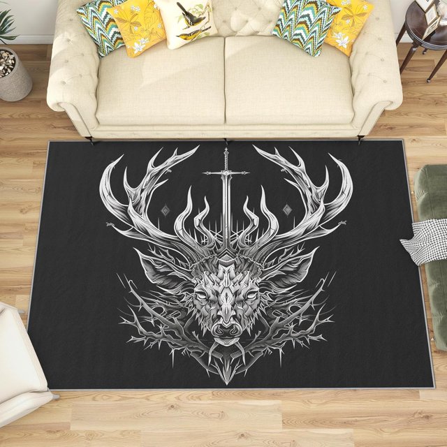 3x5 Rug, Deer Door Mat, Gothic Deer Head Rug, Black and White Rugs for Entryway, Washable & Non Slip & Soft Low Pile Small Carpet, Indoor Doormat, Deer Home Decor & Gifts