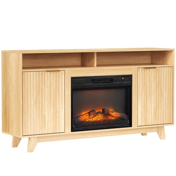 Ktaxon Farmhouse Fireplace TV Stand with 23" Electric Heater for 55/60/65 TVs, Fluted Door Storage and 2 Shelves Media Entertainment Center, Natural Wood