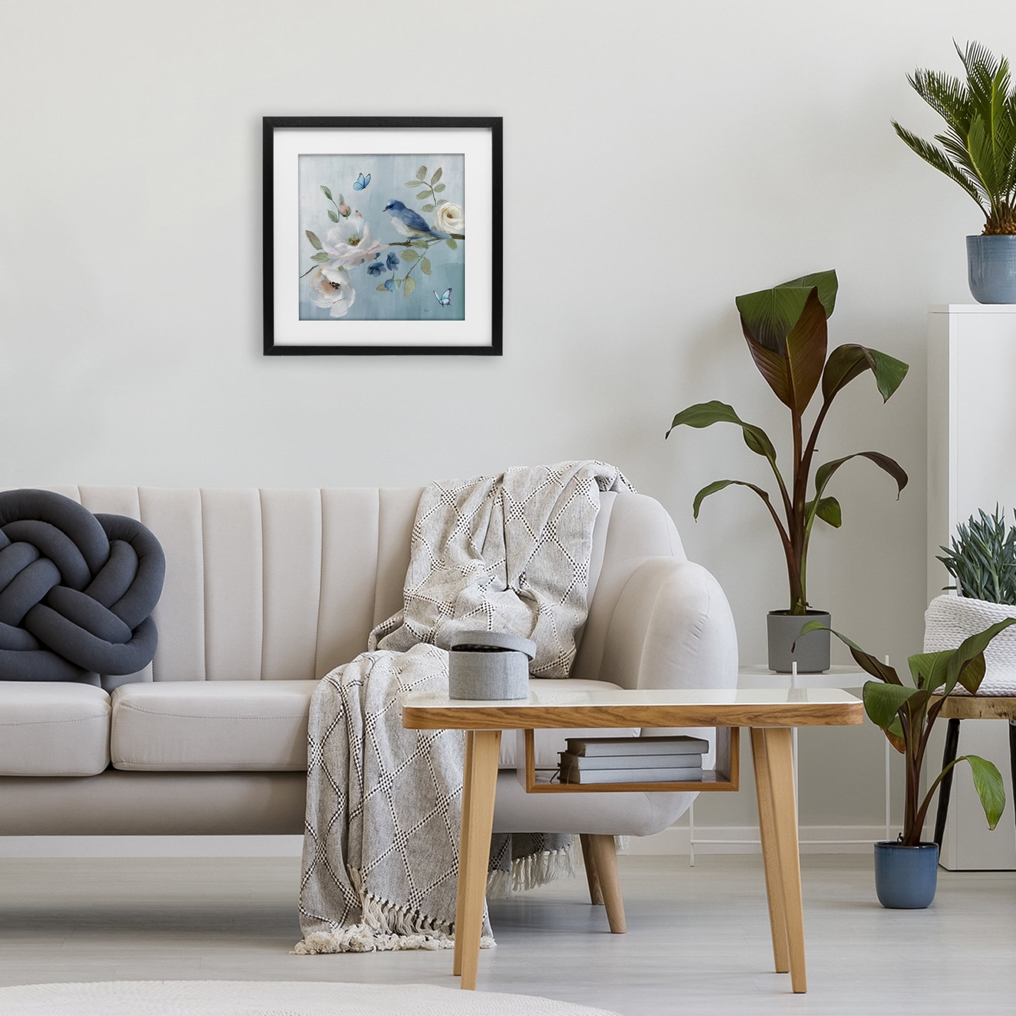 Stupell Industries Pastel Blue Bird Blooms Black Framed Print Under Glass, design by Nan