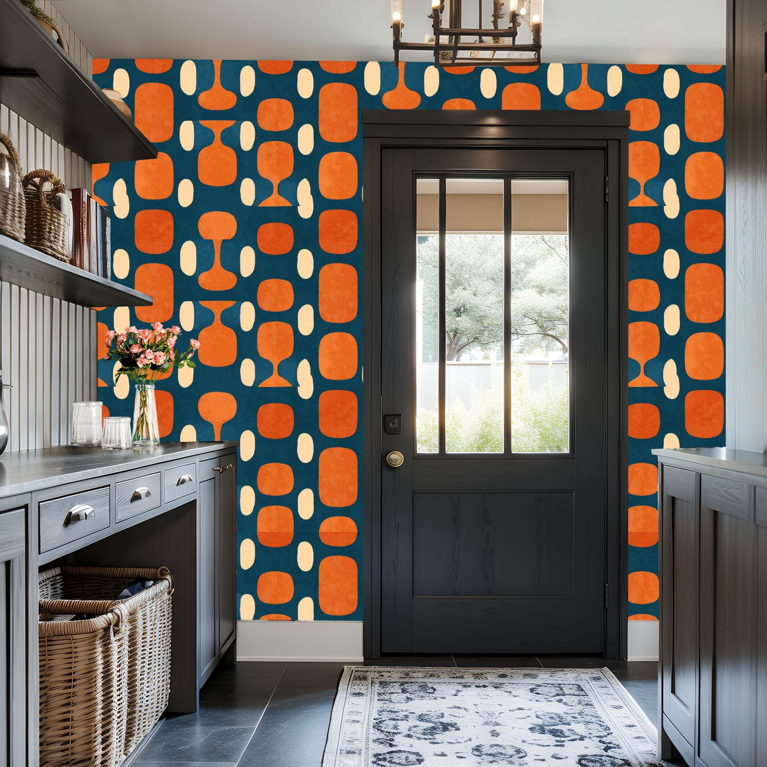 Peel and Stick Wallpaper 17.7in x 9.8ft Mid century modern age blue orange cream Ideal Contact Paper Vinyl Waterproof Self Adhesive Wall Paper for Bedroom Shelf Cabinet Renter Friendly