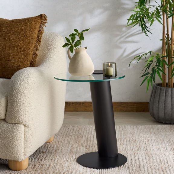 Safavieh Couture Richardson Modern Metal and Glass C-Table End Table, Black/Clear