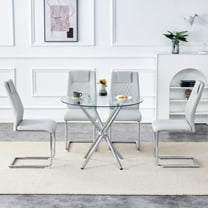 Round Glass Dining Table Set for 4,36.6'' Round Dining Table Set with Faux Leather Chairs, Clear Tempered Glass Tabletop and Silver Metal Table Legs,Ideal for Dining Room,Living Room
