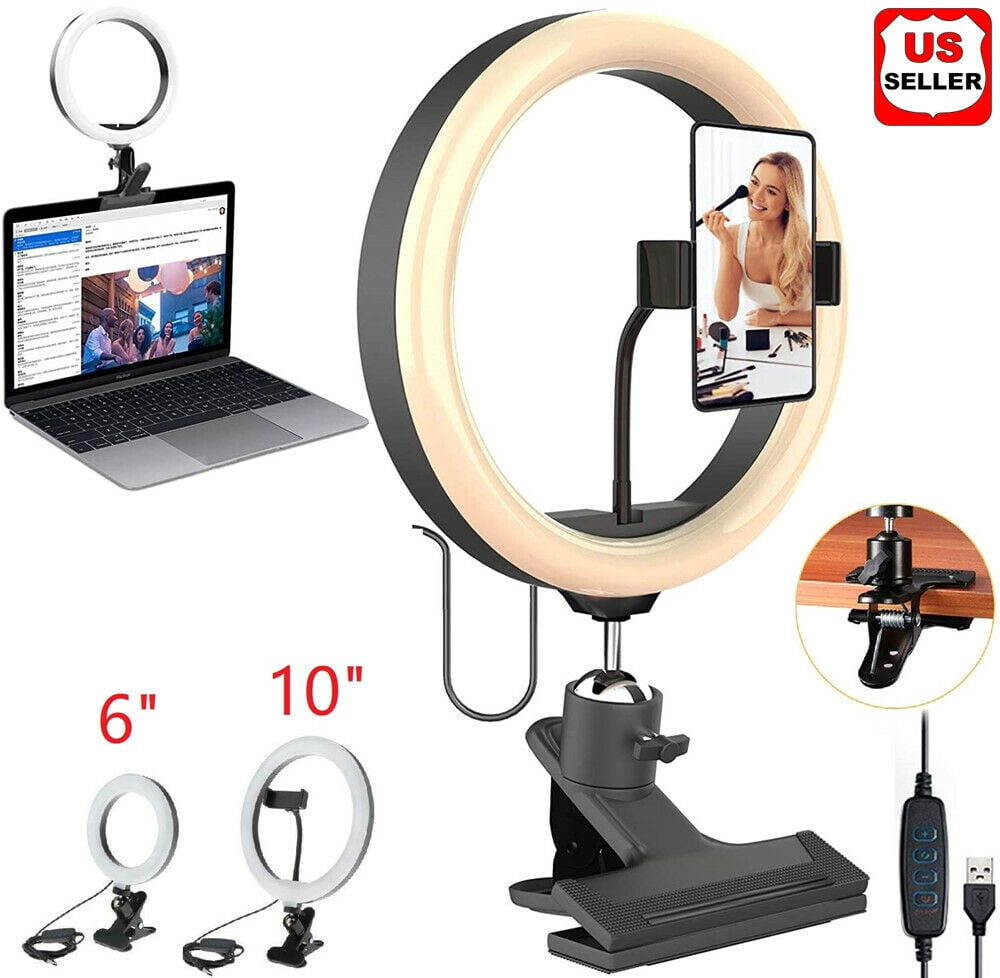 360 Degree Rotating Flexible Long Arms Mount on Desktop for Makeup and Live Streaming-White Clamp-on LED Selfie Ring Light with Cell Phone Holder 3 Light Mode 