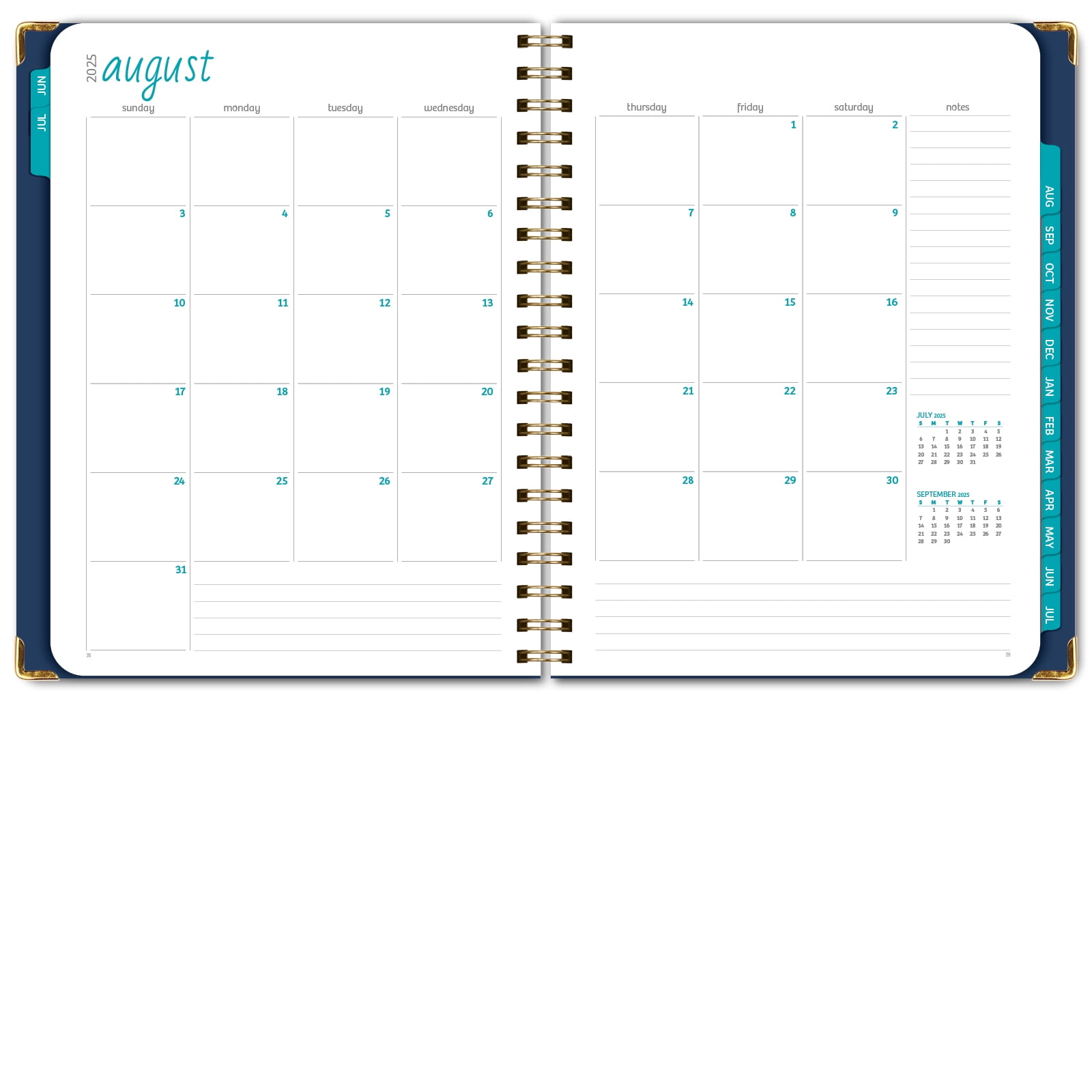 Academic Year 2025-2026 Planner, June 2025 - July 2026, 8.5"x11" Daily Weekly Monthly Planner Yearly Agenda, Hardcover, Bookmark, Pocket Folder and Sticky Note Set (Navy Gold Numbers)