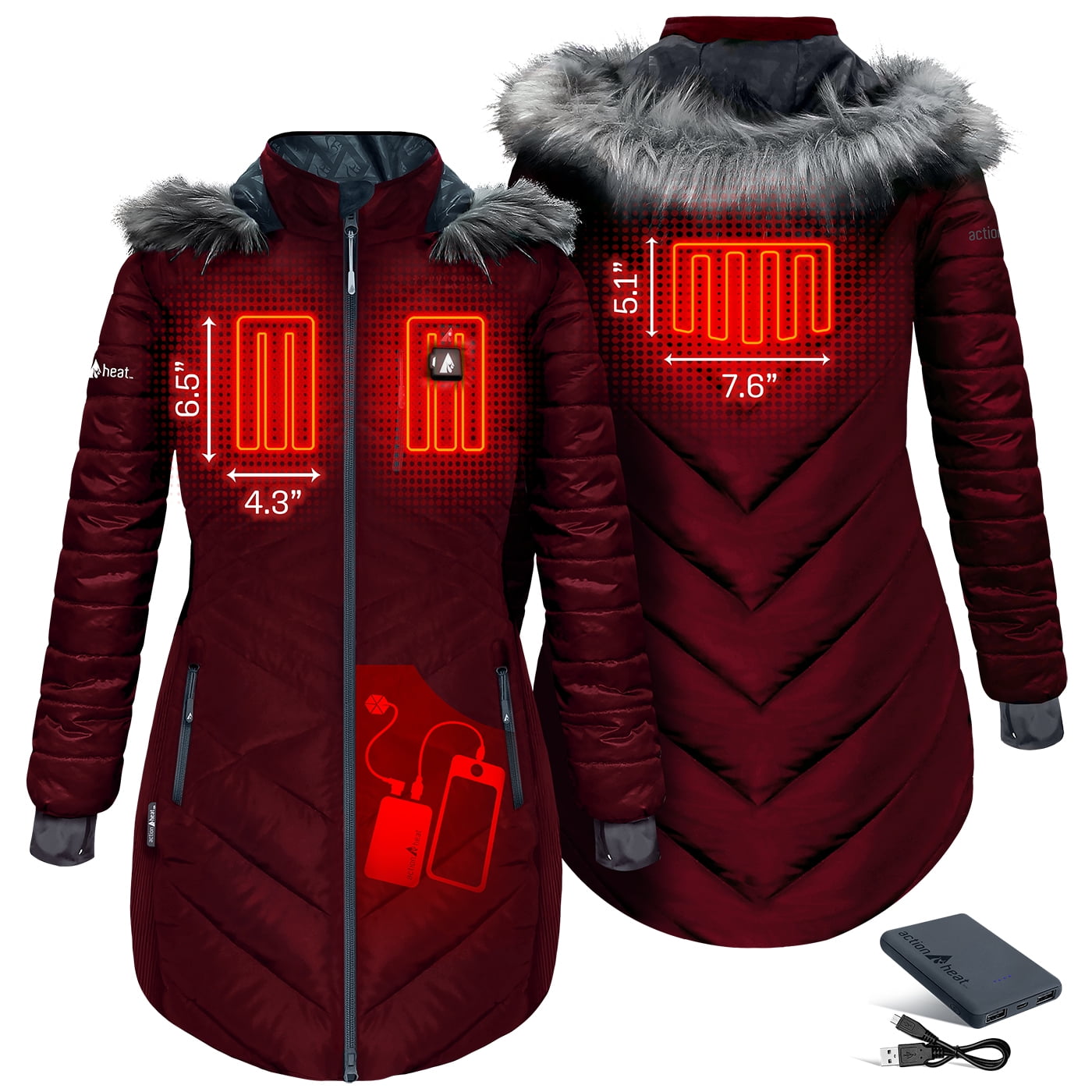 ActionHeat Women's 5V Battery Heated Long Puffer Jacket W/ Fur Hood - Wine - L
