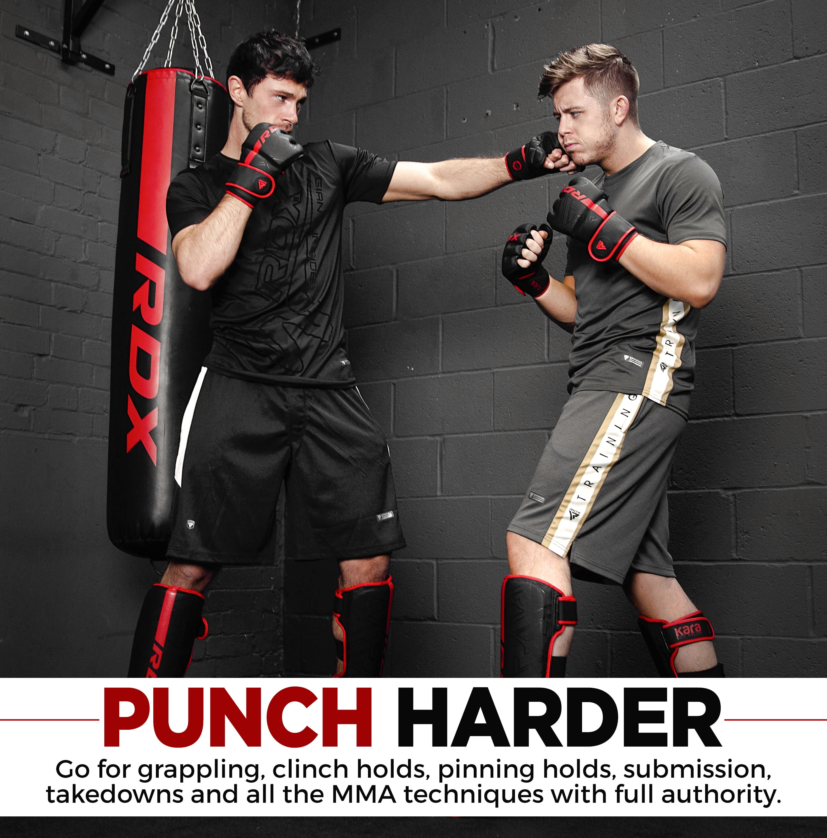 RDX MMA Boxing Gloves Grappling Sparring, Pre-Curved Martial Arts Mitts, Ventilated Palm, Maya Hide Leather KARA, Black, Large