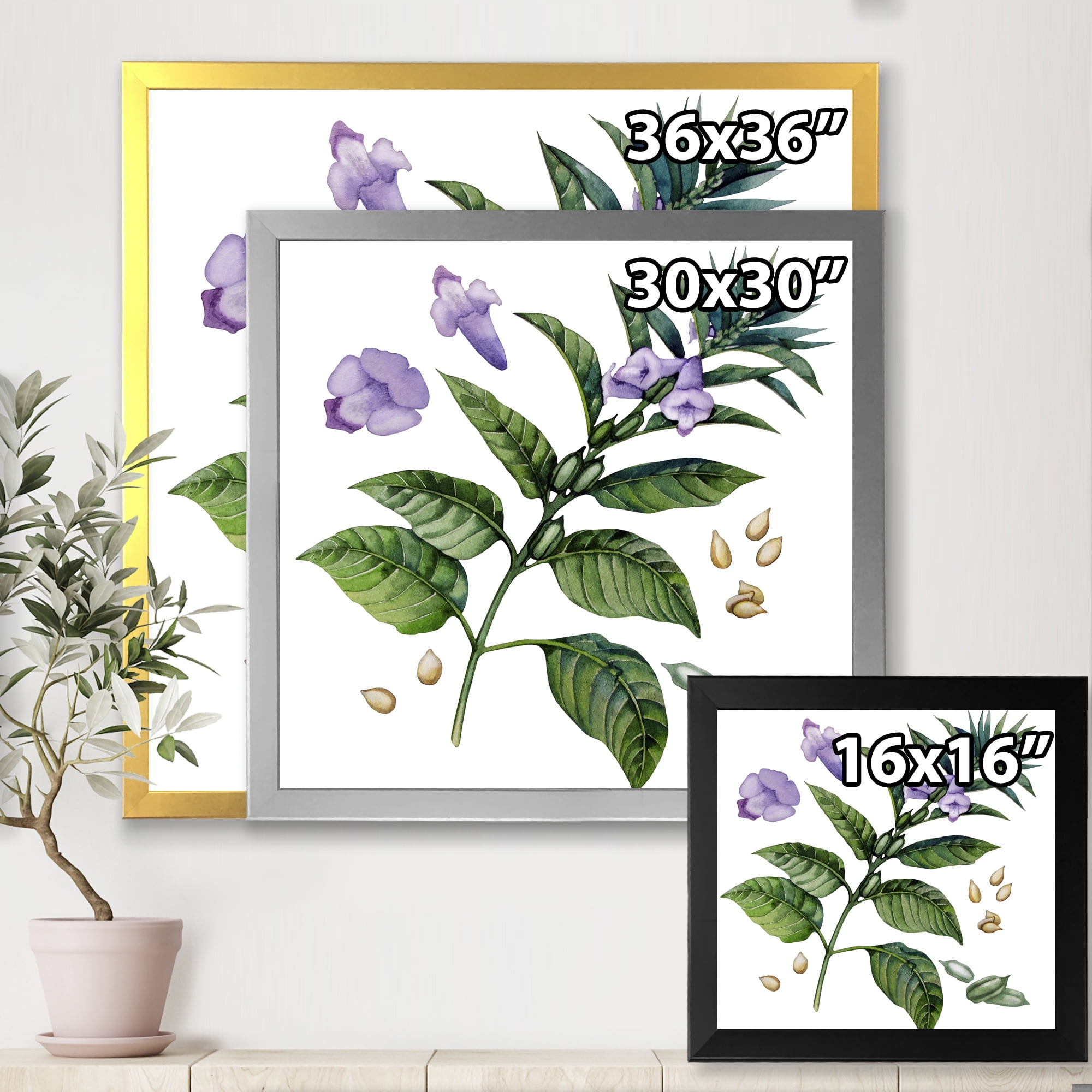 Designart 'Purple Sesame Flowers WIth Green Leaves On White' Traditional Framed Art Print