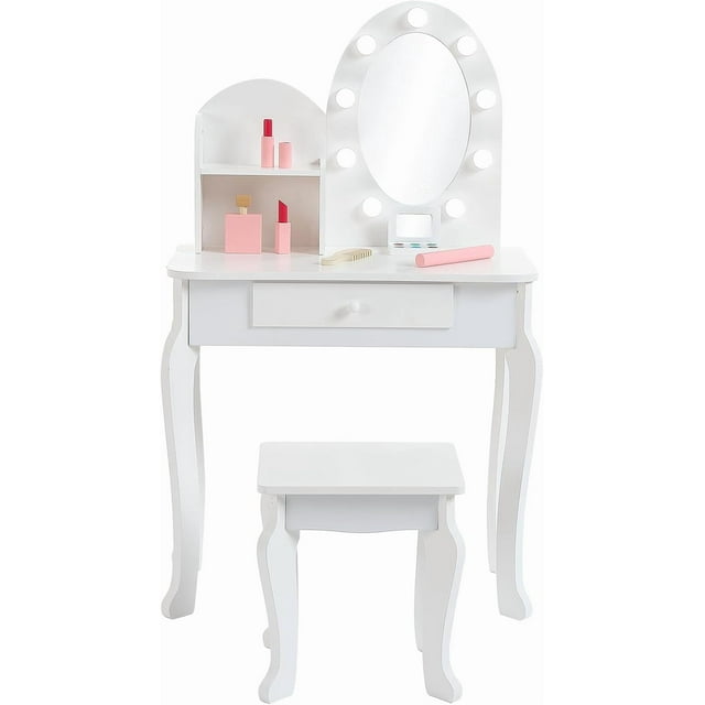 Girls Vanity Set with Light & Mirror, Wooden Princess Makeup Desk with Stool, Drawer & Pretend Makeup Playset (Batteries Not Included)