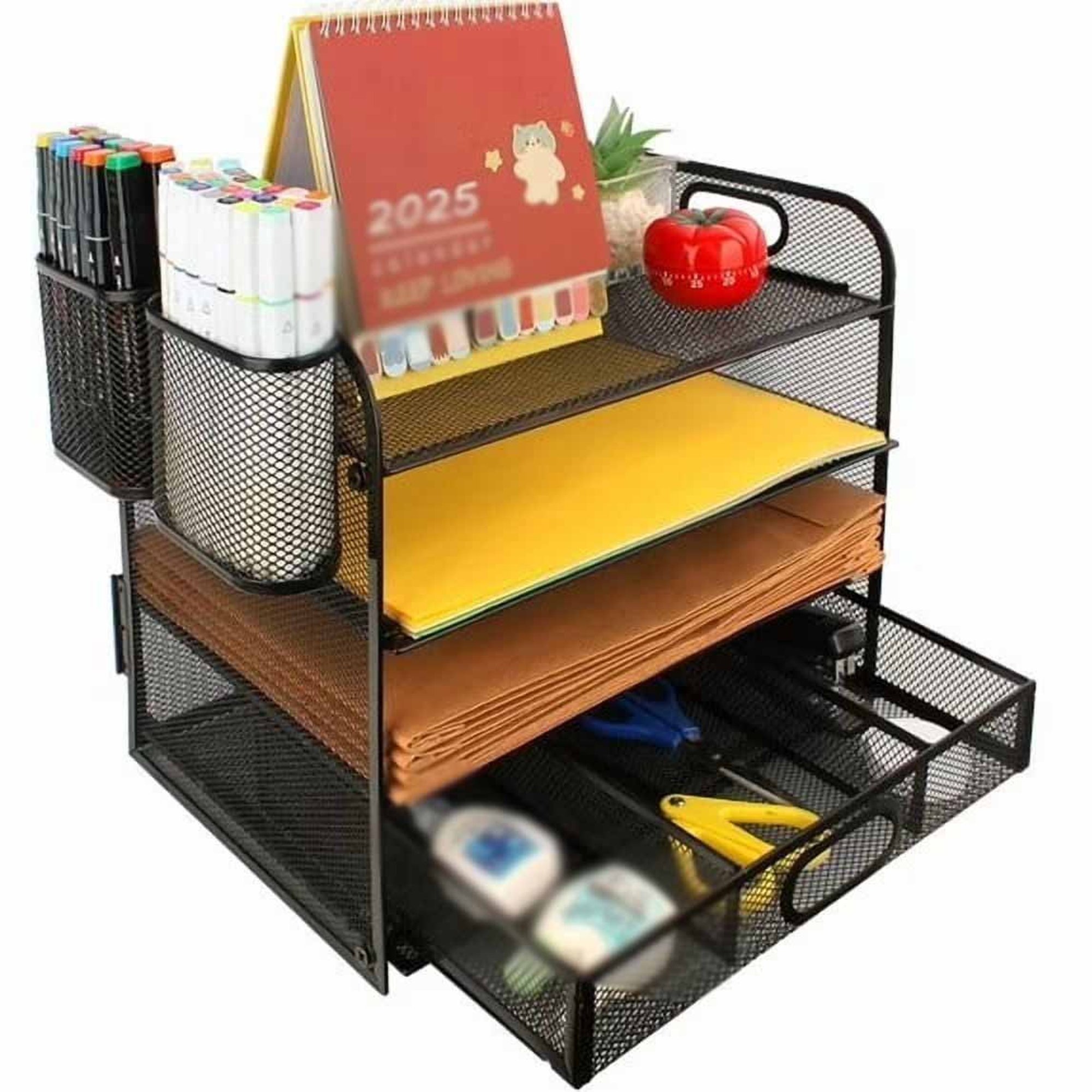 ZHZFKQ 4-Tier Desk Organizer New Office Supplies Metal Desktop File Organizer&Storage with Pull-Out Drawer 1Pcs Office Desk Accessories