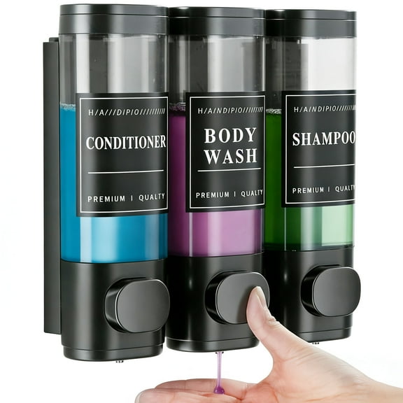 Yalumo Shampoo and Conditioner Dispenser, Shower Soap Dispenser 3 Chamber No Drill Wall Mounted Shampoo Dispenser for Shower Large Capacity Refillable Body Wash Dispenser for Bathroom Hotel, Black